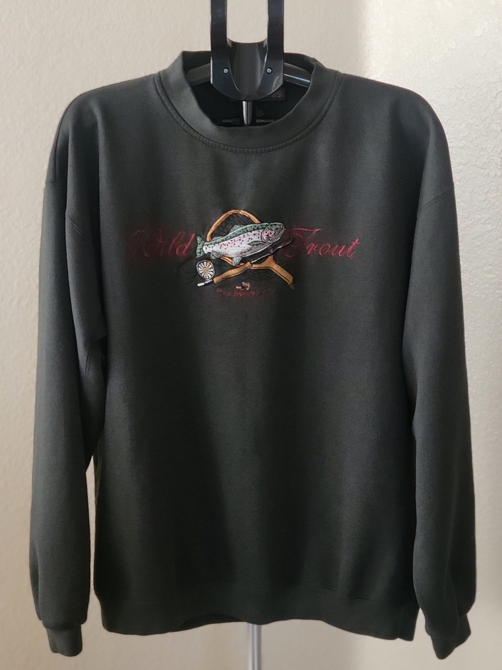 Vintage 90s Headwaters Wild Trout Embroidered Crewneck Sweatshirt XL Olive Green
